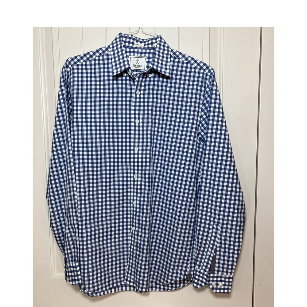 Todd Snyder Mens Navy White Gingham Button Down Shirt Melange Yarns 15.5 34/35 M